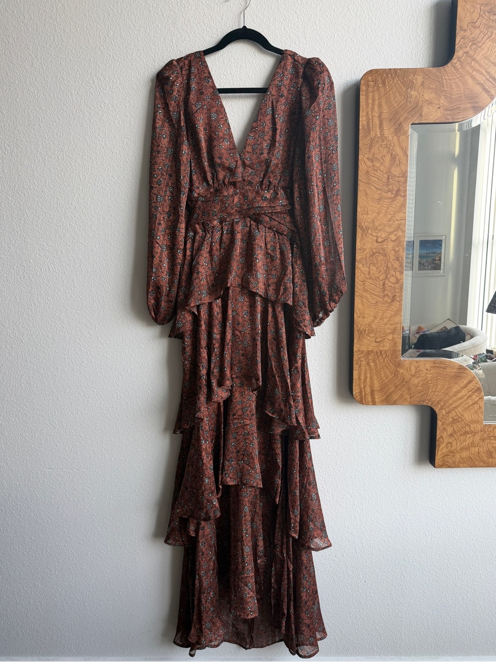 Astr Tiered Brown Floral Maxi Dress with Side Slit - Picture 3 of 5